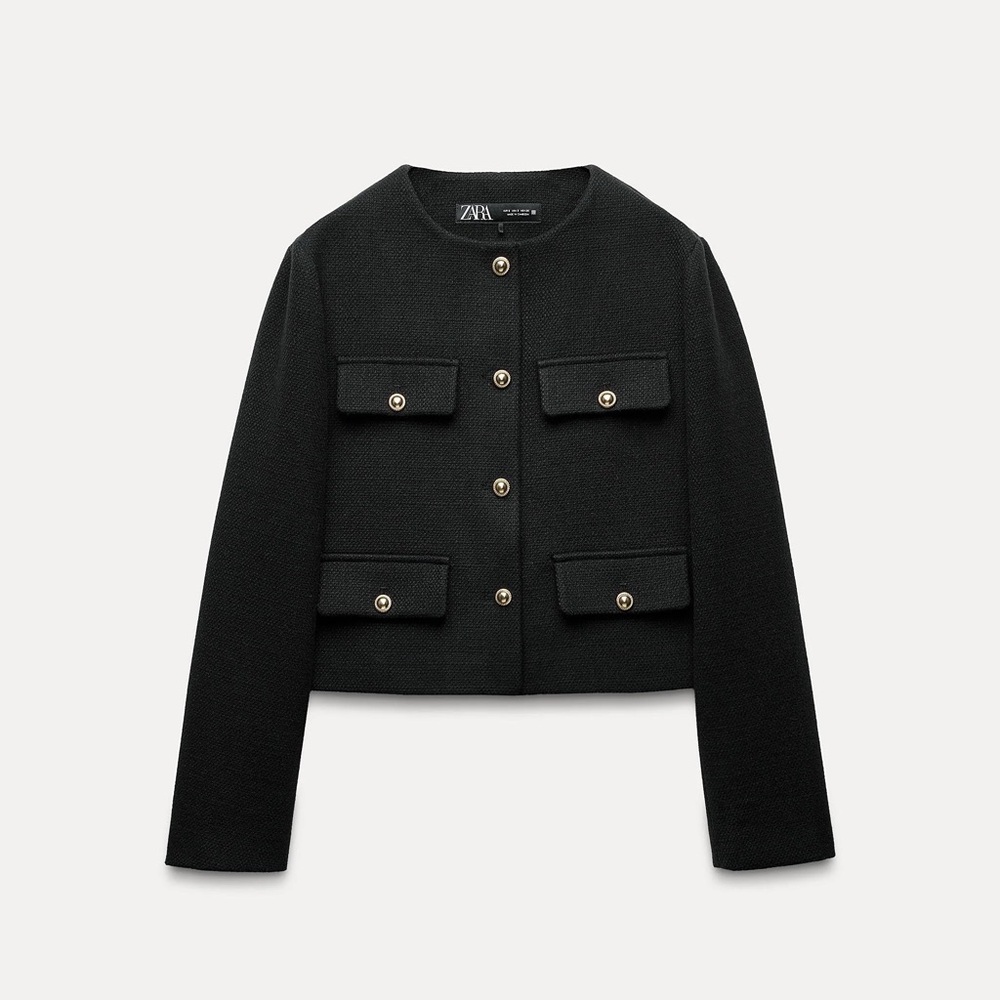 Zara Flap Cropped Black Blazer Jacket